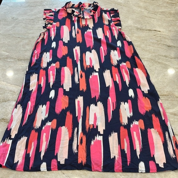 Mary Square‎ Sleeveless Shift Dress | Pink, White, Navy Abstract Design | Small - Picture 3 of 11